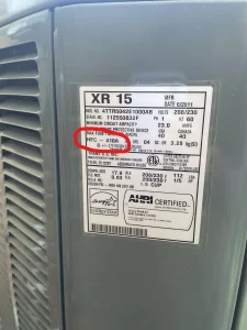AC plate with refrigerant type circled